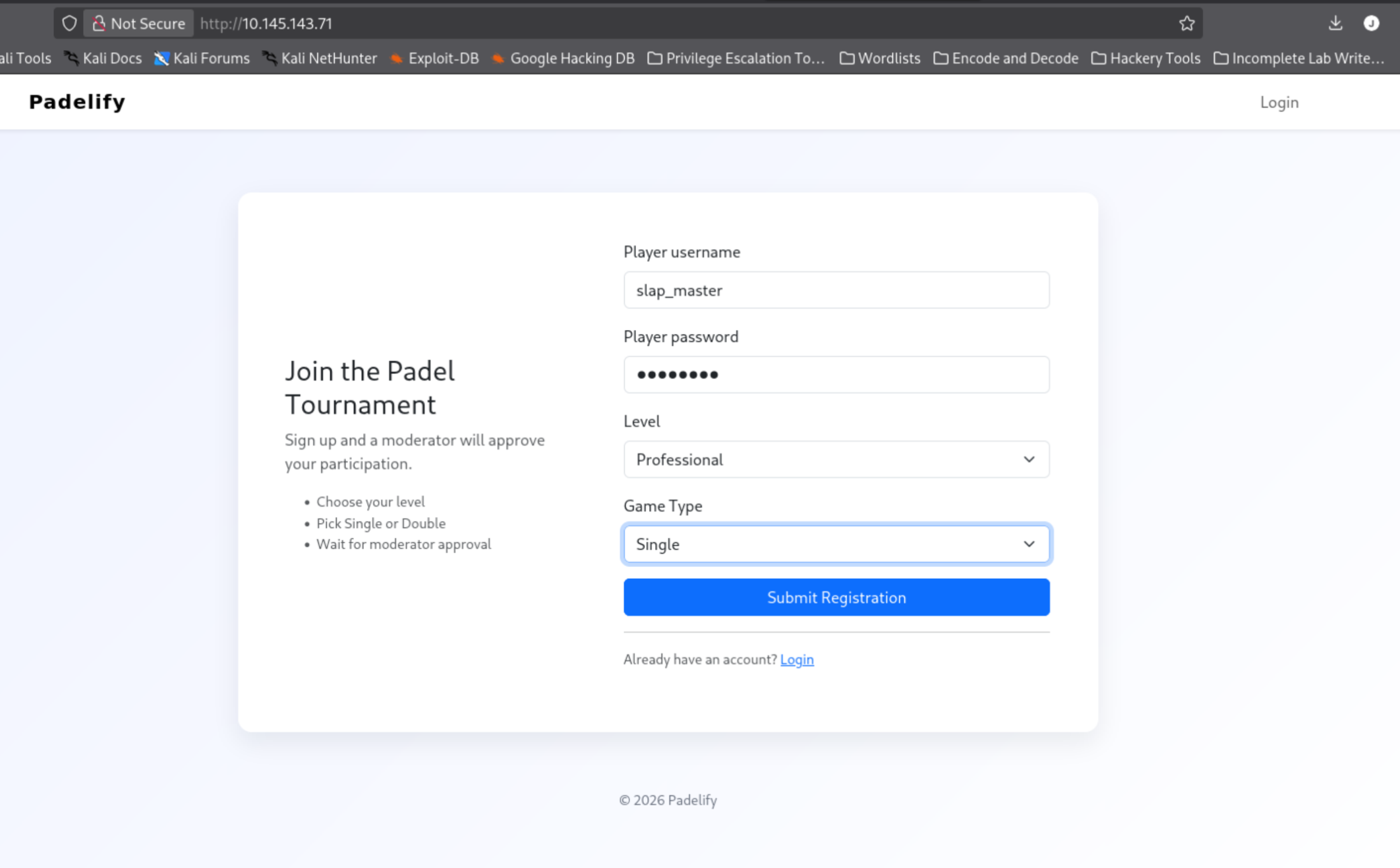register.php form in browser